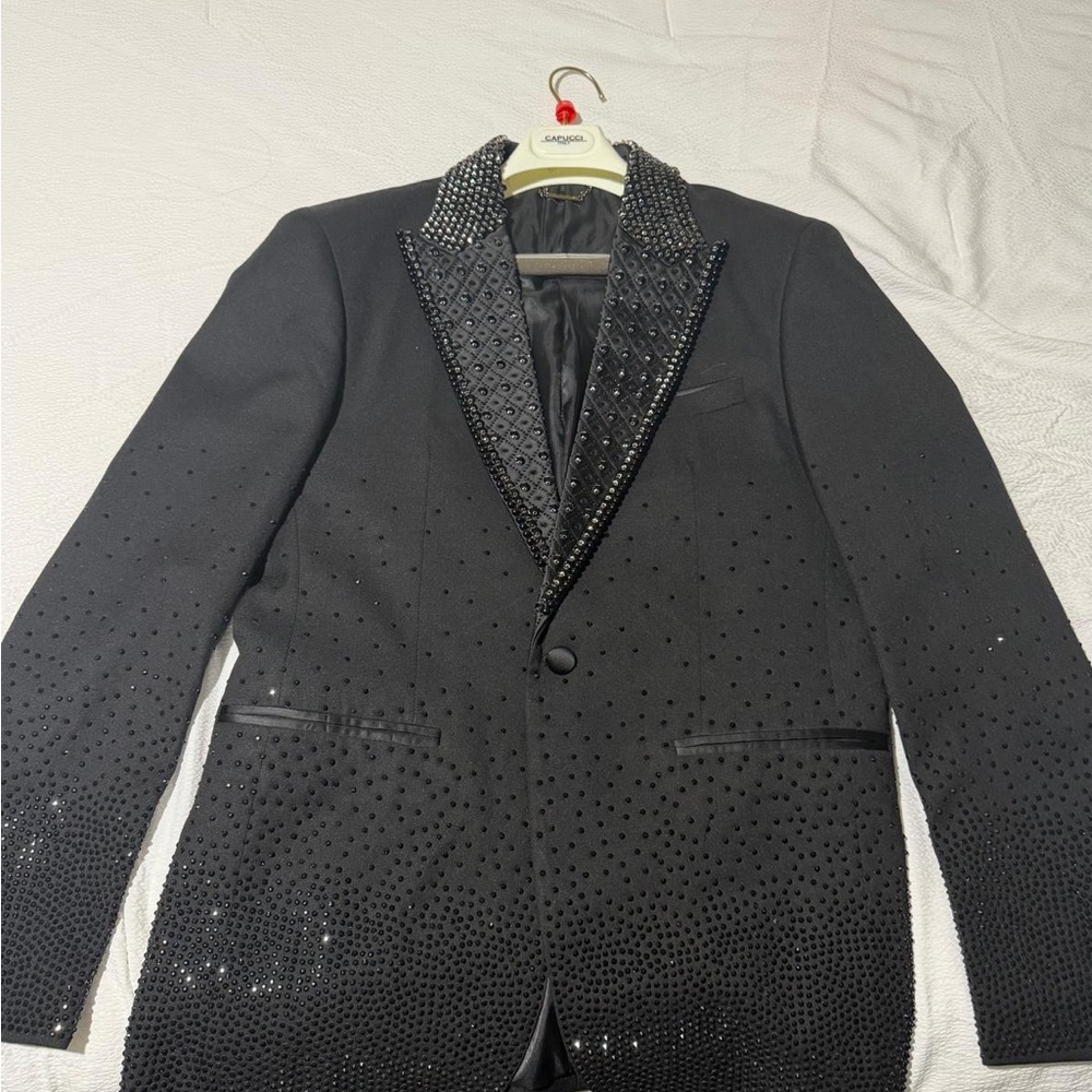 Barabas Black Embellished Slim Fit Designer Blazer Peak Lapel One-Button Men